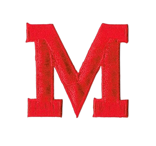 A red letter m on a white background