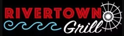 A neon sign for rivertown grill with waves and a steering wheel