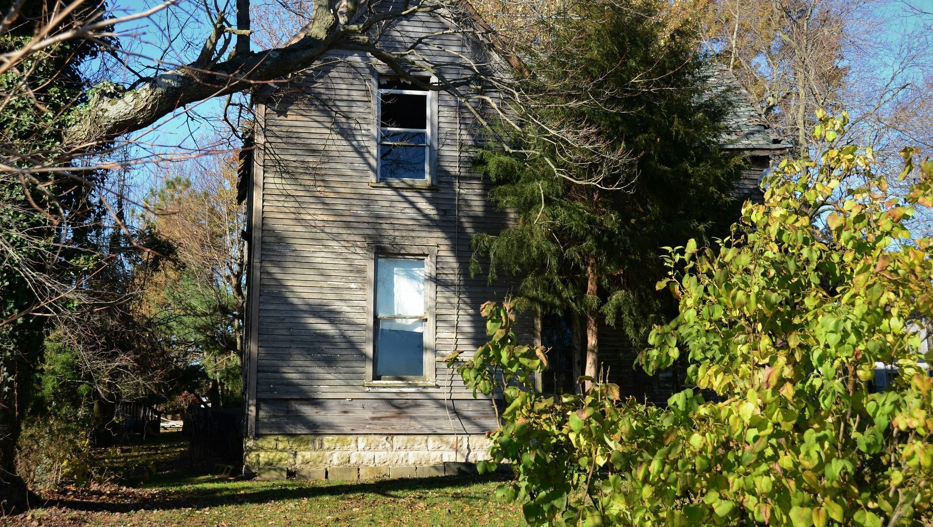 An old house with a tree in front of it.