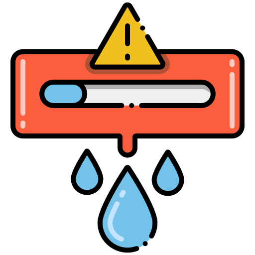 A red icon with a yellow warning sign and water drops coming out of it.