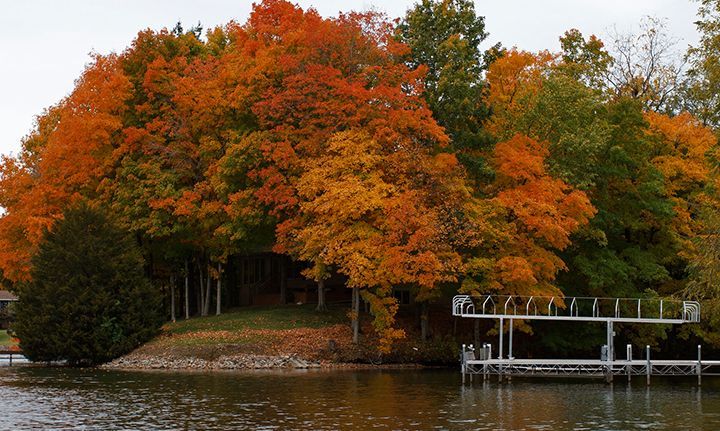 Autumn trees with vibrant orange and red foliage by a lake, a dock visible.