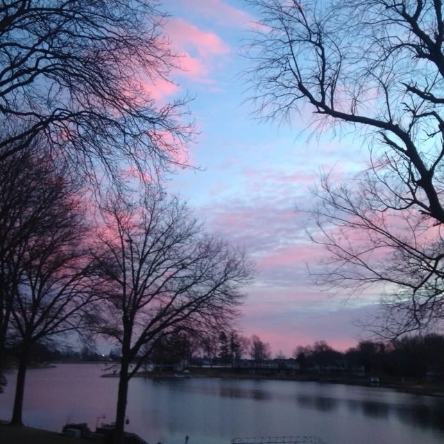Pink and blue sunset over a lake, silhouetted bare trees in the foreground, water reflecting the sky.
