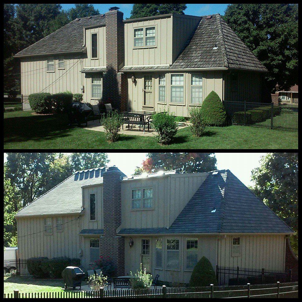 A before and after photo of a house with a slate roof