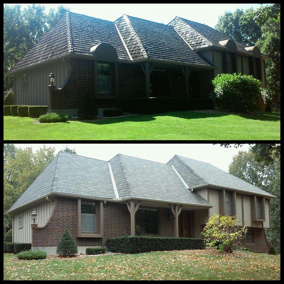 A before and after picture of a house with a new roof