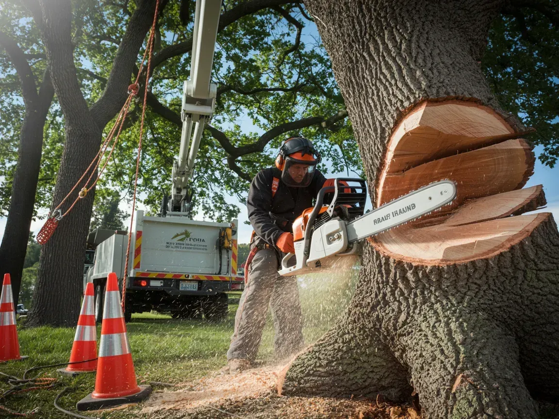 Arborist using a chainsaw to cut a large tree trunk, with a truck and safety cones visible.