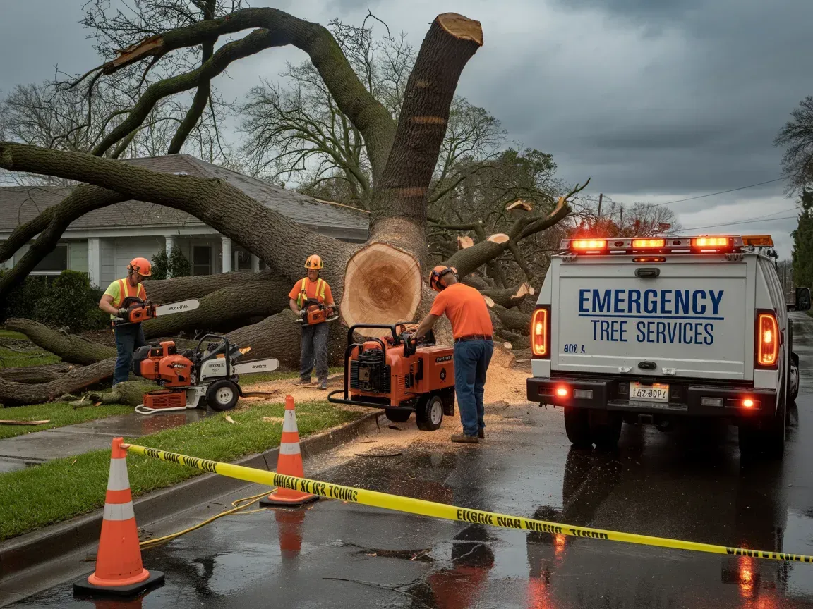 Emergency tree service crew removing a fallen tree from a house after a storm; yellow caution tape, rain.