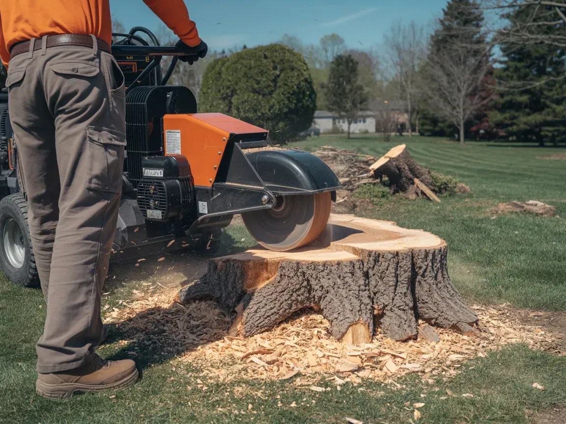 Man operating stump grinder, removing tree stump in a yard. Orange machine, brown pants, sunny day.