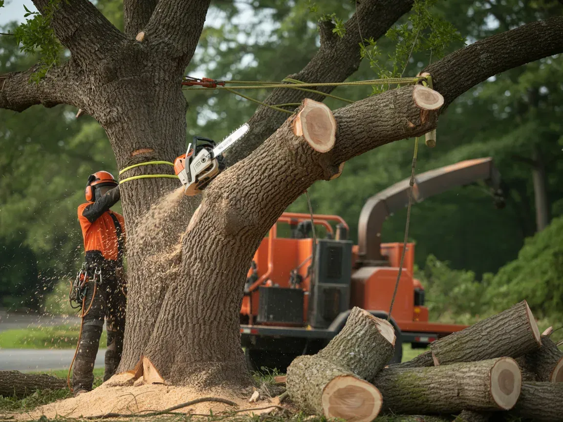 Arborist using a chainsaw to cut a tree limb, with wood chipper in the background.