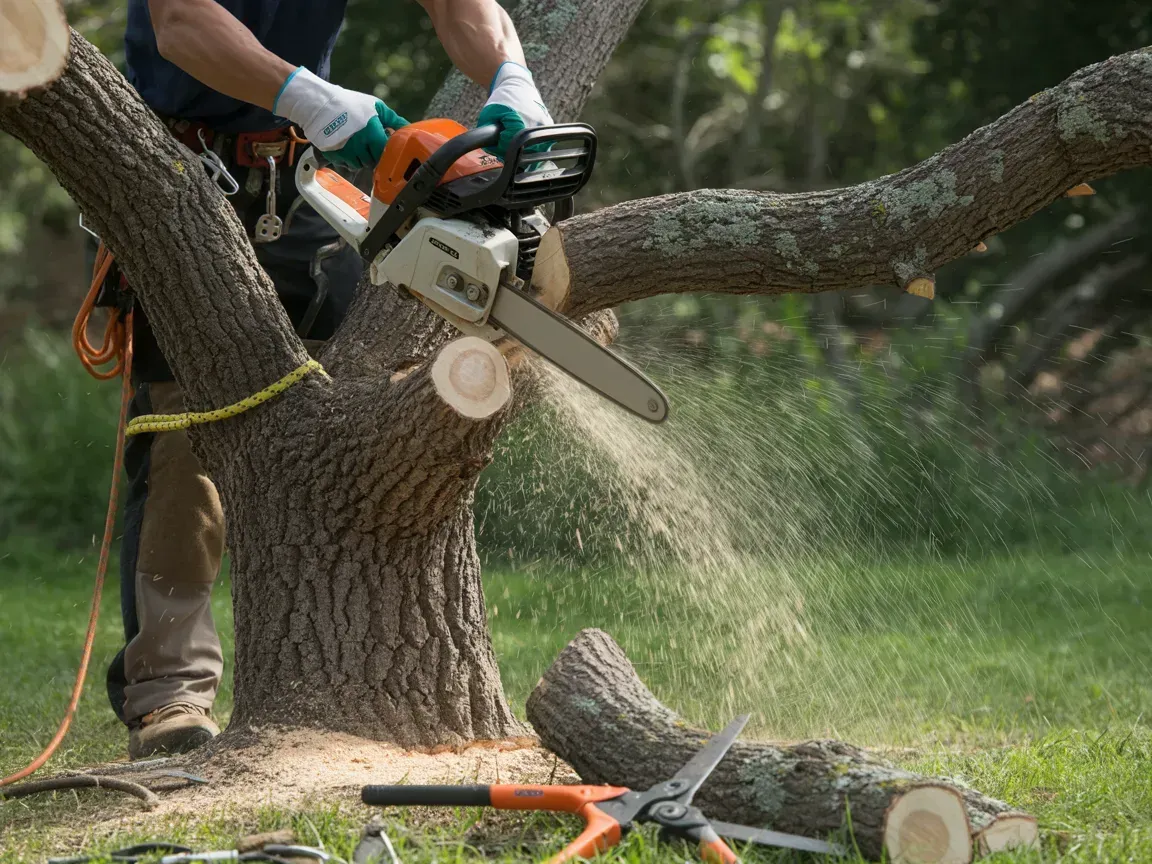 Person using a chainsaw to cut a tree branch. Sparks and wood chips fly.