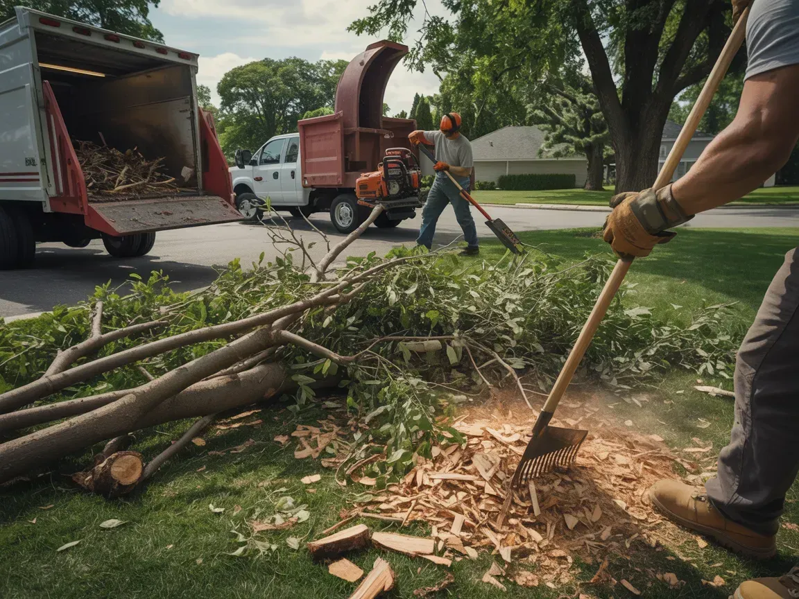 Yard work with a wood chipper. Person rakes wood chips; another feeds branches. Truck in background.