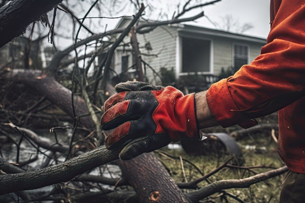 a person wearing gloves is cutting a tree branch .