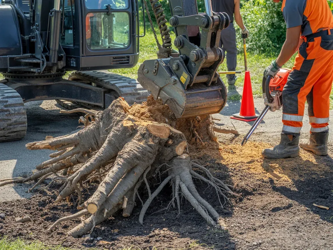 Excavator removing tree stump; worker in orange suit using chainsaw.