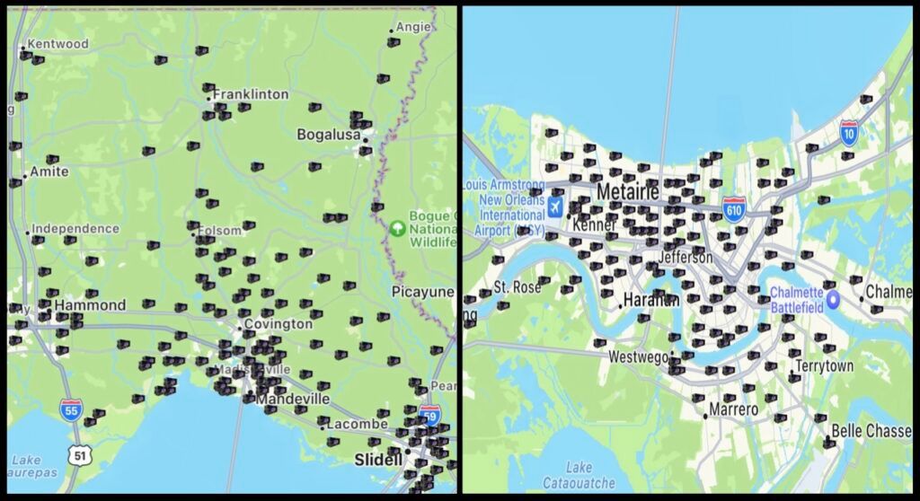 A map of a city and a map of a country with lots of dots on it.
