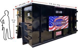 A picture of a black dumpster with measurements on the sides to show the size.