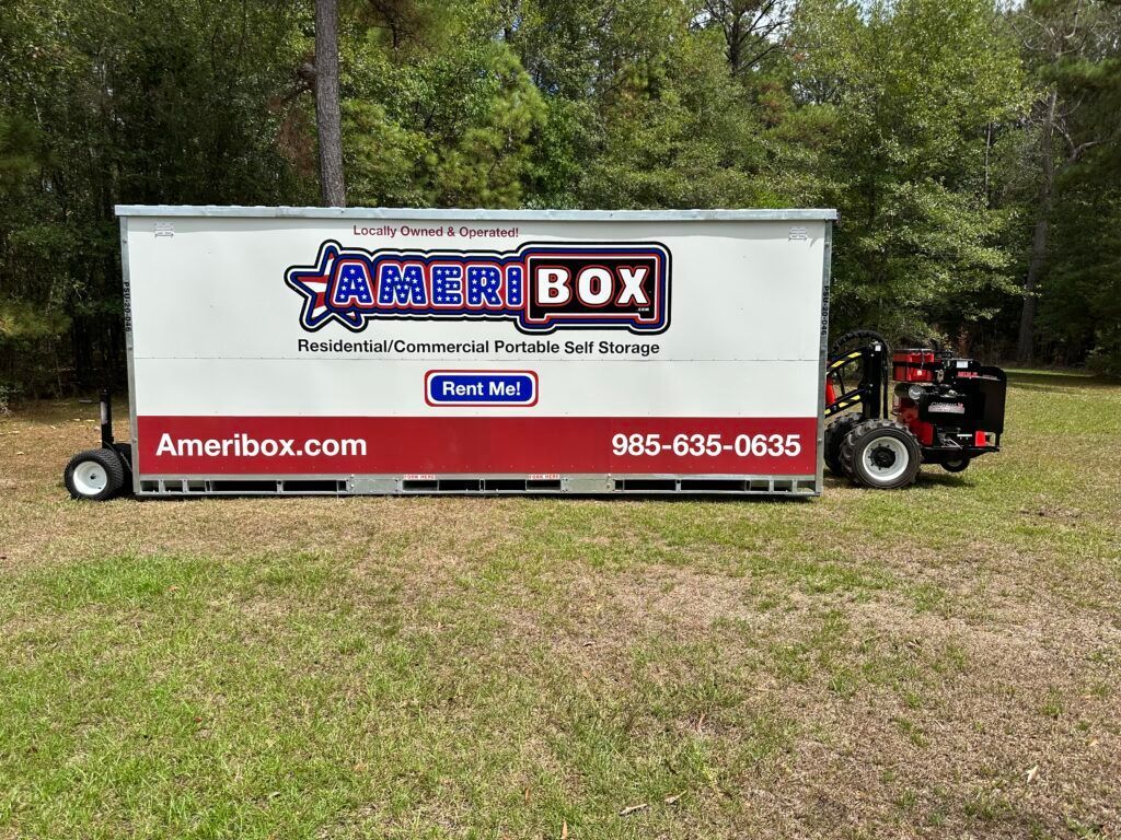 A picture of a portable storage container getting delivered to a yard in Mandeville, LA.