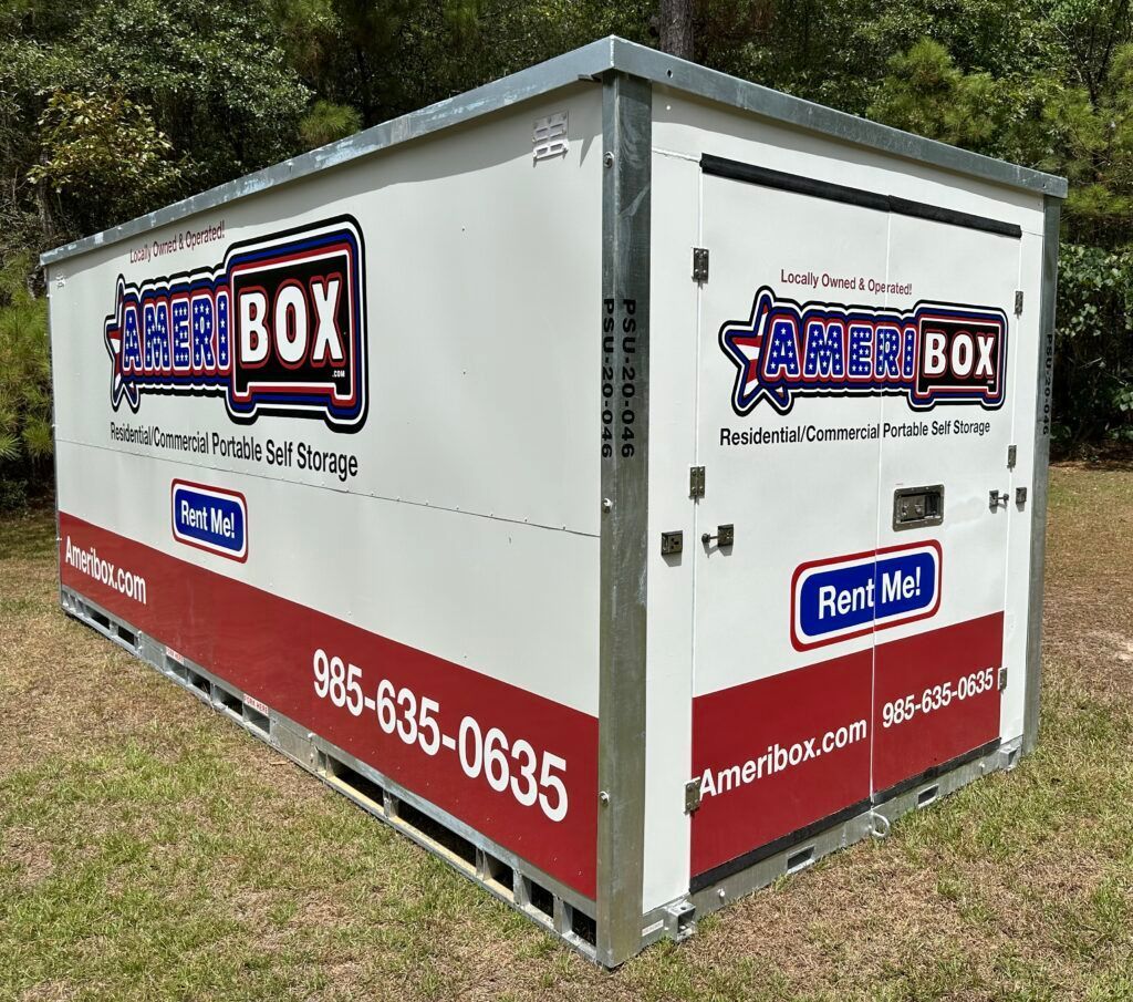 A picture of a portable storage rental in a field in Mandeville, LA.