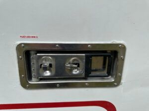 A picture of the lock on a portable storage rental.