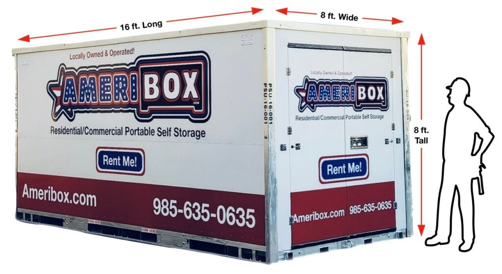A picture of a portable storage rental with measurements on the sides to show the size.
