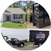 A collage of pictures of a house , a dumpster , and a truck.