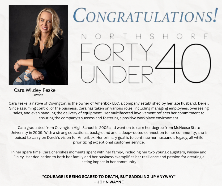 A woman is sitting in front of a sign that says `` congratulations ! northshore forty under 40 ''.
