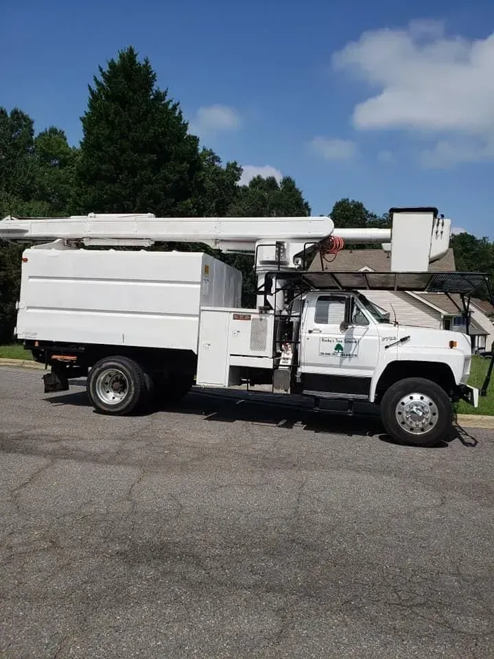 White utility truck with an extended boom on a paved road, blue sky, trees in the background.
