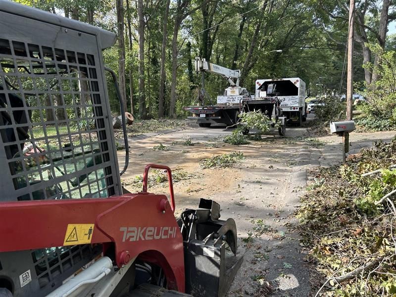 A skid steer loader and tree service truck clear branches from a residential driveway.