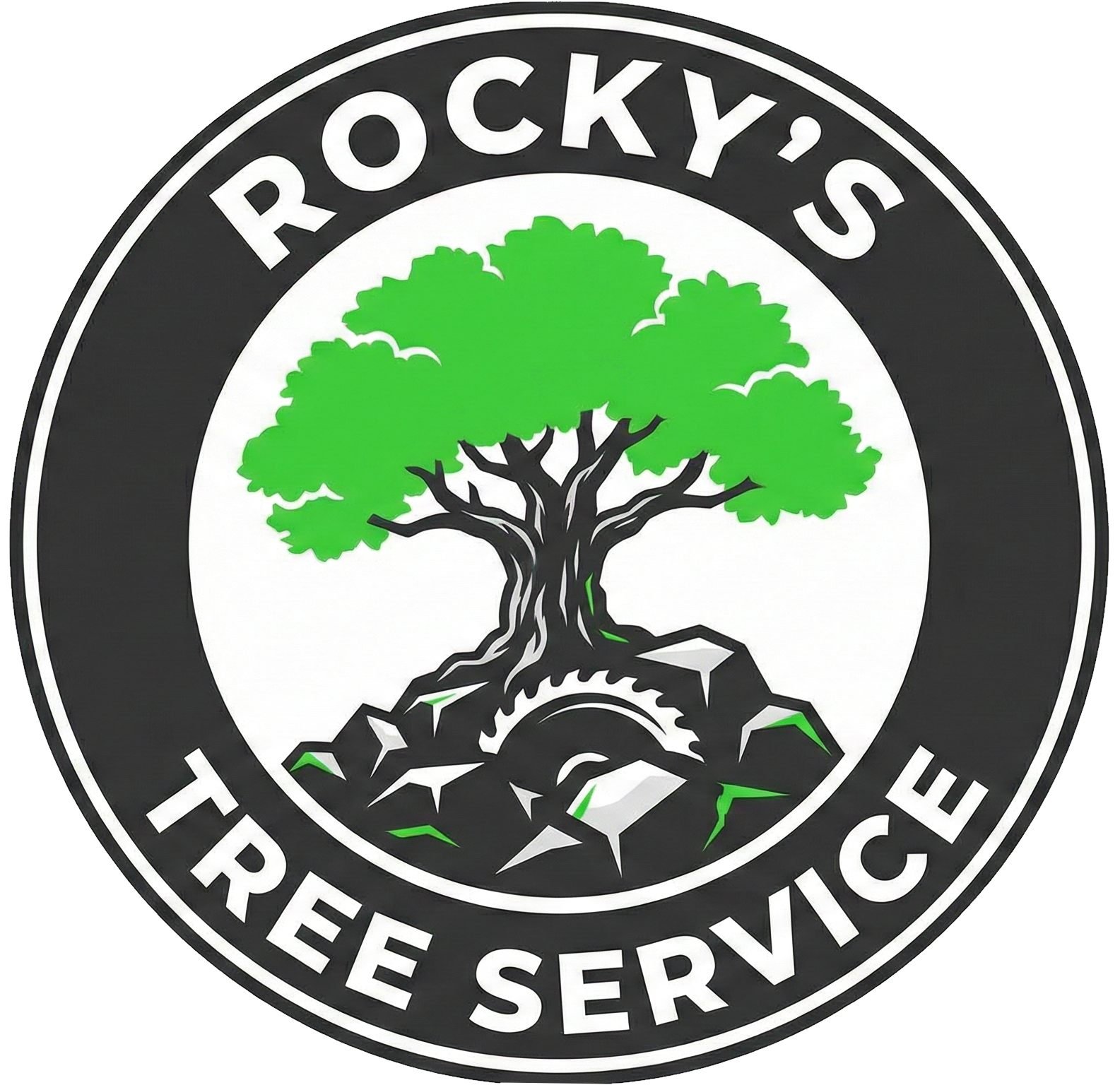 Logo for Rocky's Tree Service: tree with green leaves, on top of rocks and a saw, in a black circle.