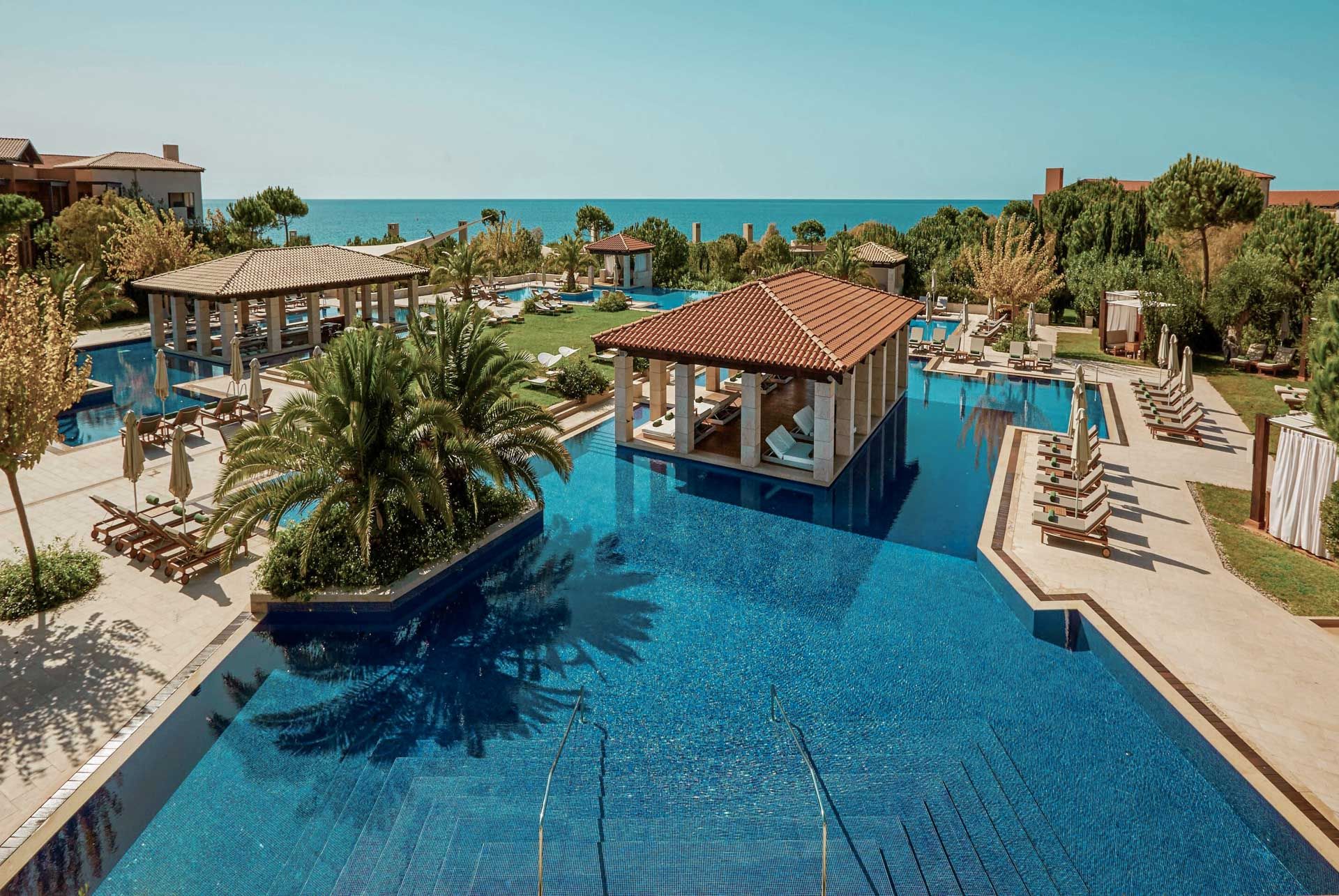 En luftfoto af en stor swimmingpool omgivet af palmer