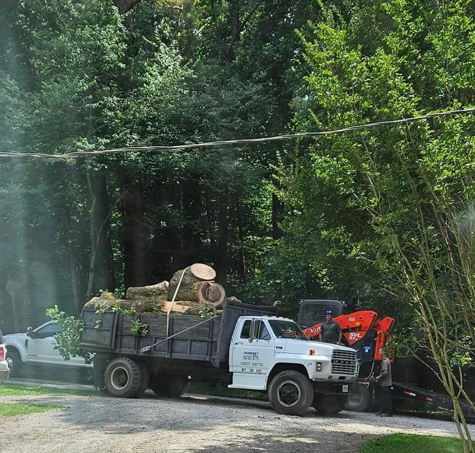 A white truck with a crane attached to it is carrying logs