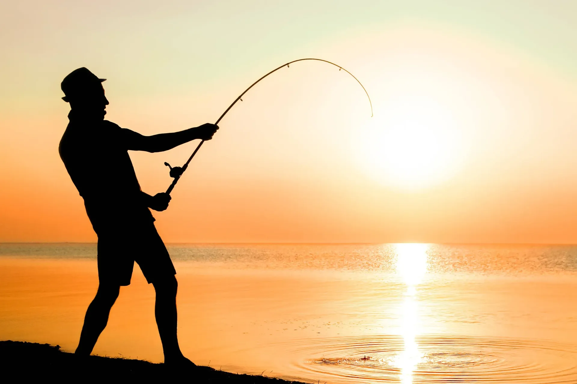 Silhouette of a person fishing at sunset by the water.