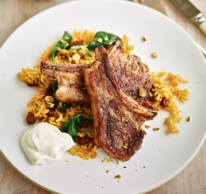LAMB CUTLETS WITH SAFFRON, PISTACHIO AND SPINACH RICE