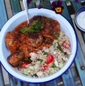 LAMB, SULTANA AND ALMOND MEATBALLS WITH TOMATO AND AUBERGINE SAUCE AND BROWN RICE SALAD