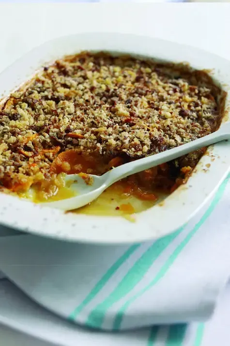 Sweet Potatoes, Caramalised Onions and Tomme De Chèvre Gratin