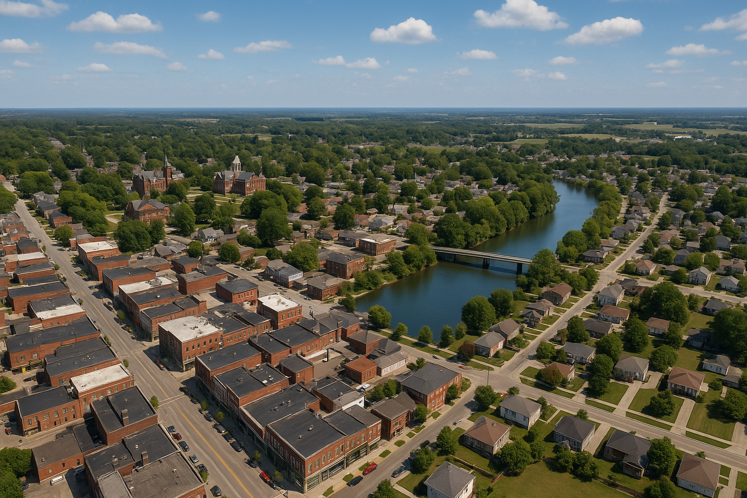 An aerial view of a residential area with a river running through it