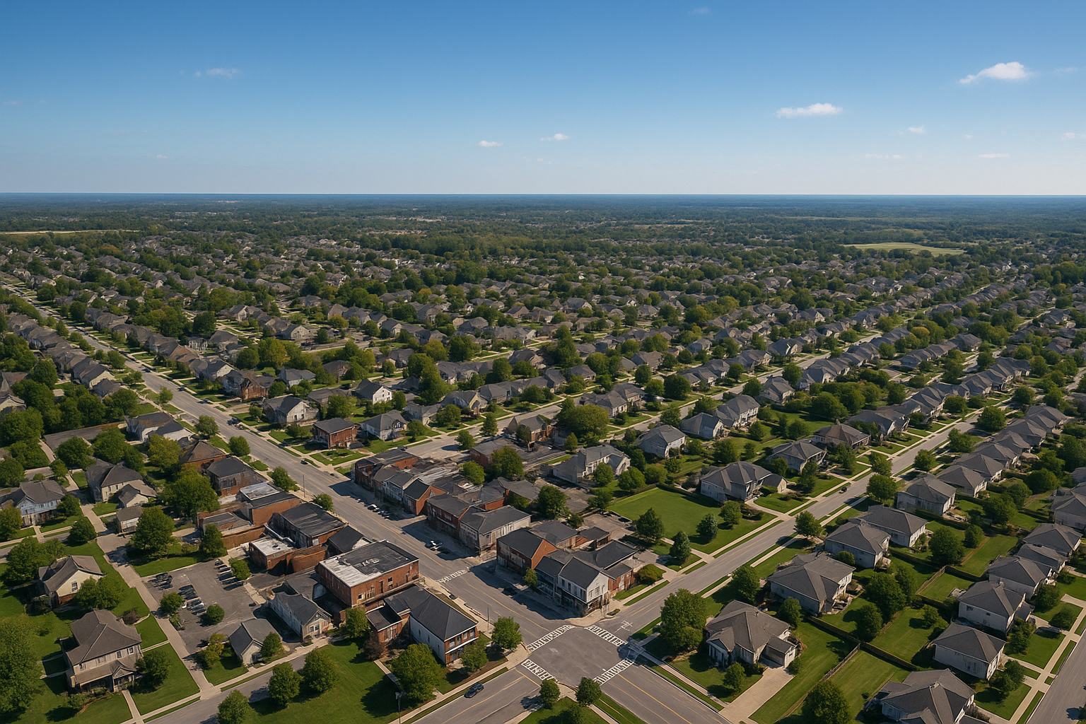 An aerial view of a residential area with a river running through it