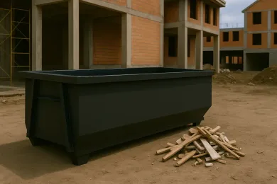 A green dumpster is sitting in a warehouse next to a truck.