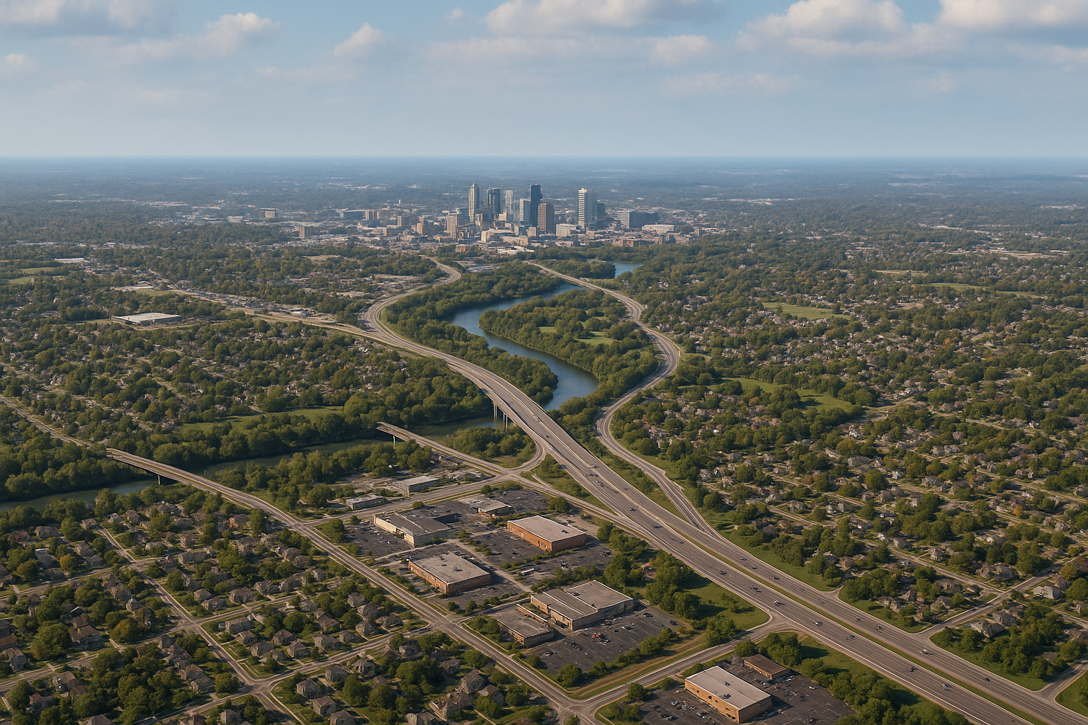 An aerial view of a city with a river running through it