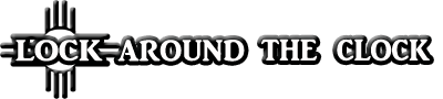 The text "LOCK AROUND THE CLOCK" in a stylized, bold font, featuring a New Mexico Zia sun symbol replacing the letter O.