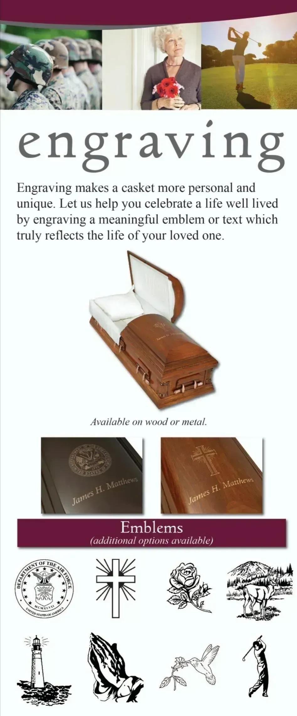 Vintage engraving-themed poster with examples of engraved designs and a wooden engraving tool box