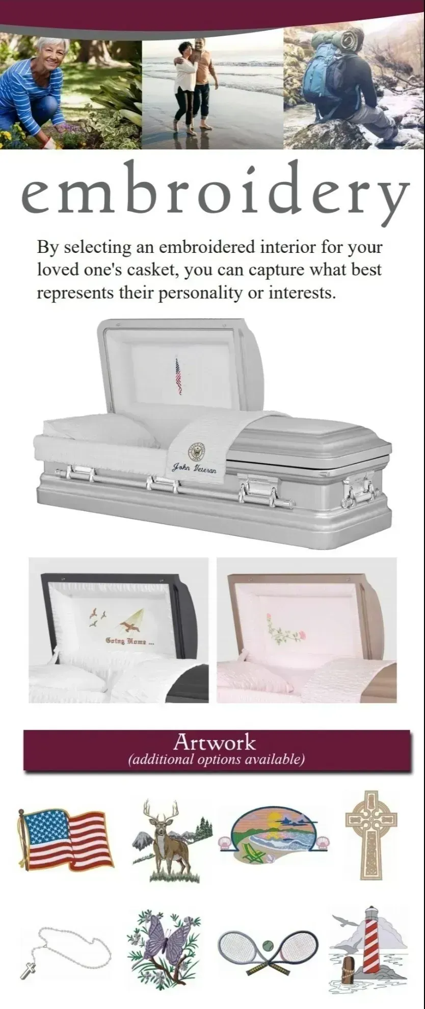 Embroidery machine with sample stitched designs and patriotic motifs on a promotional flyer