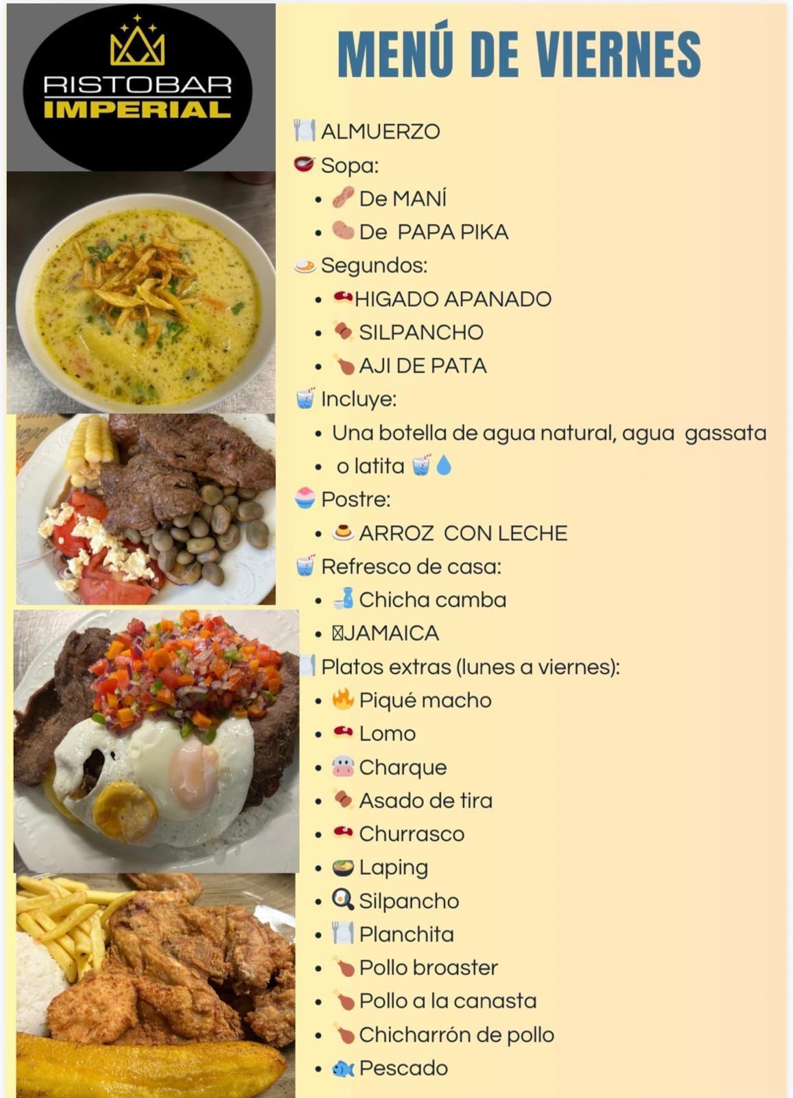 Menù del giorno al Bistró Imperial: sono elencati il ​​pranzo e i piatti principali del venerdì con i relativi prezzi.