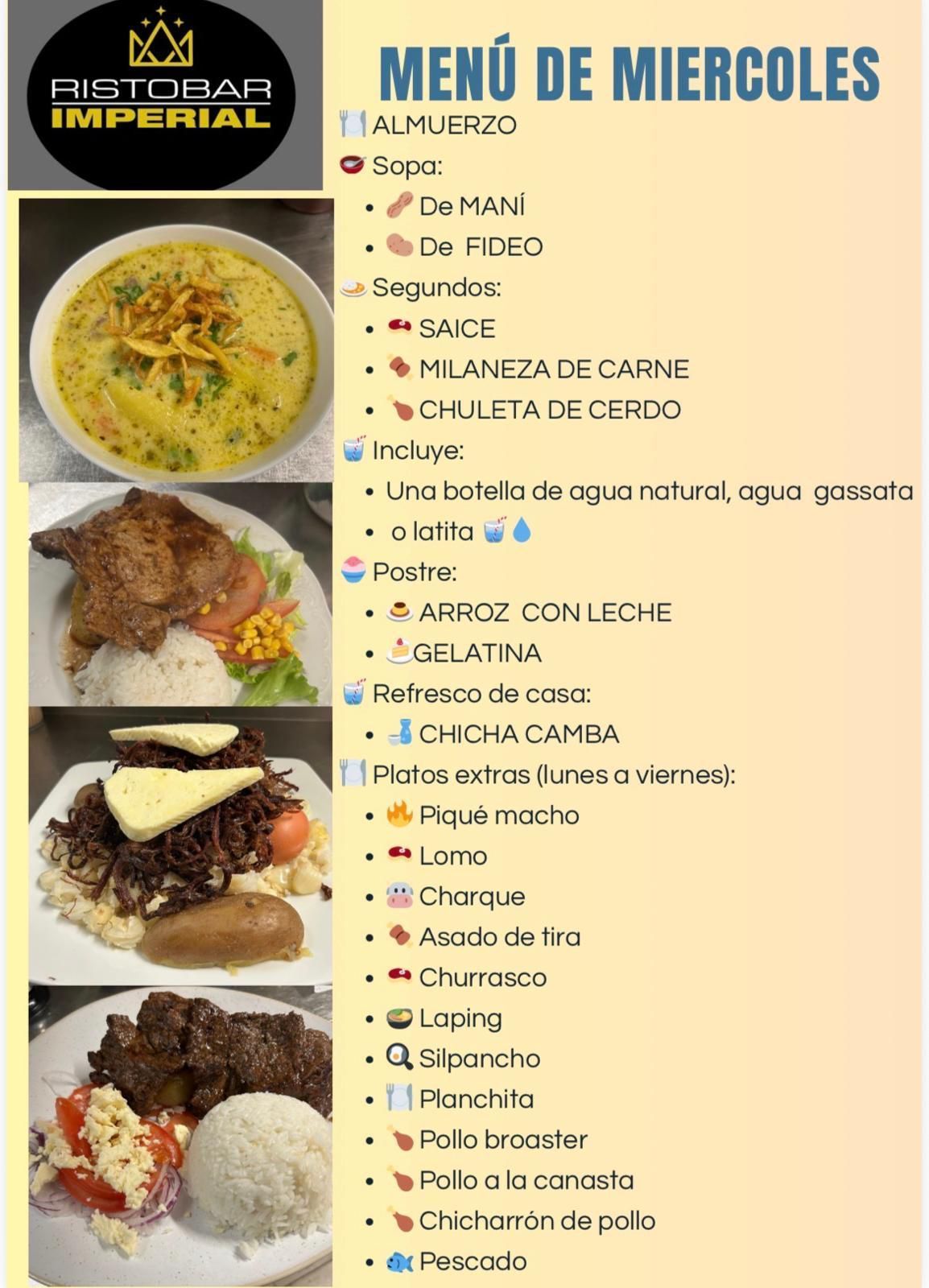 Menù del Ristobar Imperial, menù del mercoledì con pranzo e piatti extra. Include zuppa, piatti principali e dessert.