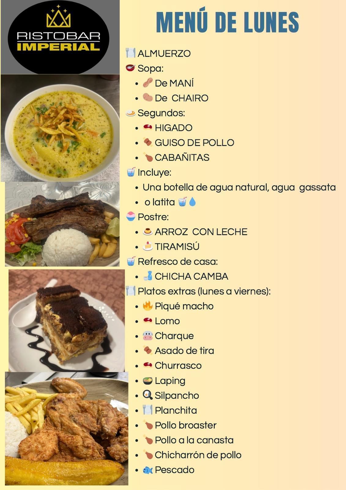 Menù del lunedì con zuppa, piatti principali e dessert del RistorBar Imperial.