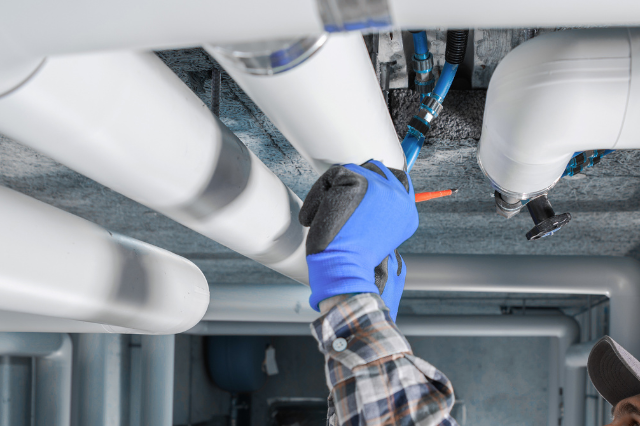 A man wearing blue gloves is working on a pipe.