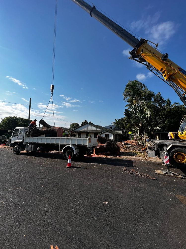 A White Truck is Being Lifted by a Yellow Crane — Advanced Vegetation Management in Stratford, QLD