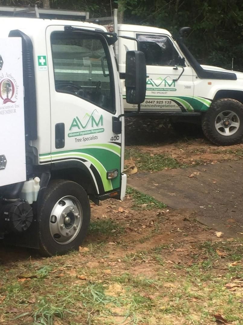 Two Trucks Are Parked Next to Each Other in A Grassy Area — Advanced Vegetation Management in Stratford, QLD