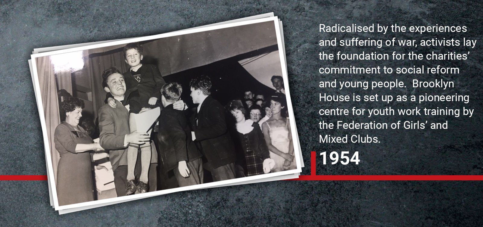 1954 Radicalised by the experiences and suffering of war, activists lay the foundation for the charities’ commitment to social reform and young people.  Brooklyn House is set up as a pioneering centre for youth work training by the Federation of Girls’ and Mixed Clubs.