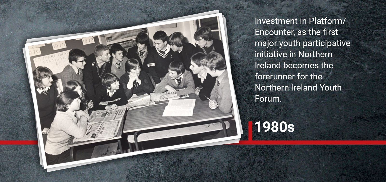 1980s Investment in Platform/ Encounter, as the first major youth participative initiative in Northern Ireland becomes the forerunner for the Northern Ireland Youth Forum.
