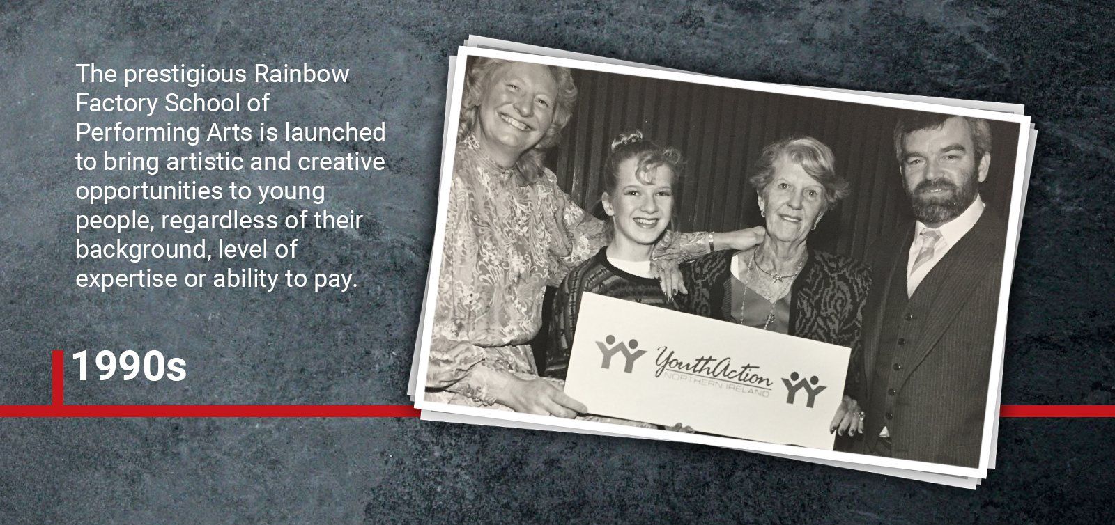 1990s The prestigious Rainbow Factory School of Performing Arts is launched to bring artistic and creative opportunities to young people, regardless of their background, level of expertise or ability to pay.