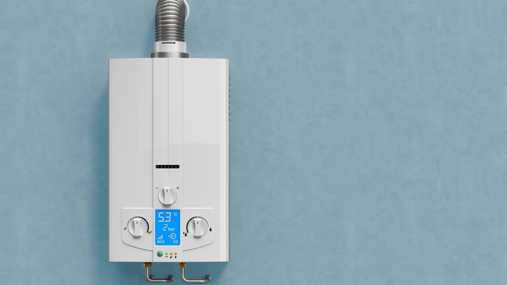 A white gas water heater is hanging on a blue wall.